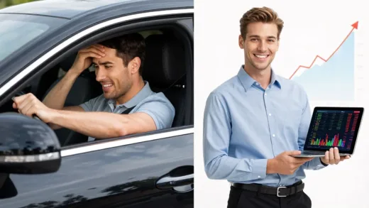 A split image showing two people. One is happily driving a brand new, luxurious car, but looking stressed about bills. The other is smiling confidently beside a well-maintained used car, looking at a stock chart on a tablet, with a growth graph in the background.