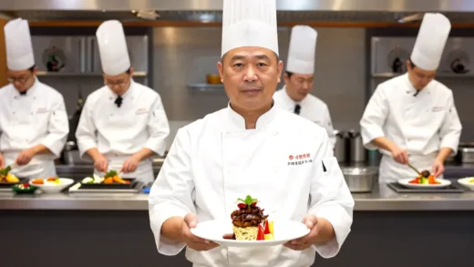 A chef in a competitive cooking show, confidently presenting a simple yet delicious-looking galbi dish. The background shows other chefs preparing complex dishes with expensive ingredients.