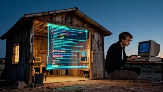 A vibrant, futuristic image of a small, rustic warehouse in New Mexico with glowing lines of code emanating from it, symbolizing the birth of a global software giant. In the background, a silhouette of a young Bill Gates and Paul Allen working intensely on an old computer with an "Altair 8800" visible.
