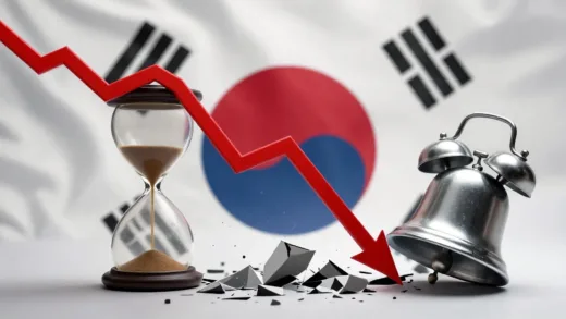 A dramatic, stylized image of a crumbling Korean economy, with a financial graph showing a steep decline, an hourglass, and an alarm bell ringing. In the background, a subtle representation of the Korean flag.
