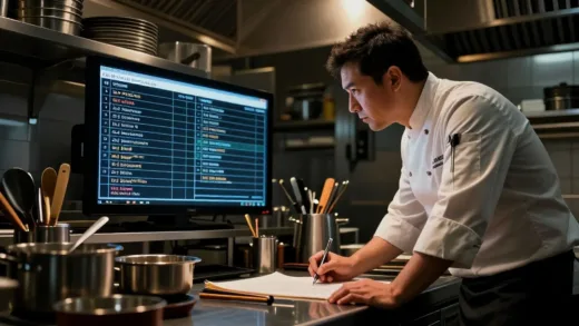 A high-pressure kitchen scene with a chef meticulously reviewing a minute-by-minute schedule displayed on a digital screen, surrounded by precise cooking tools, dramatic lighting, detailed, cinematic.