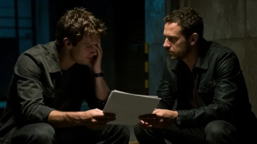 Two men meeting secretly in a dimly lit, tense atmosphere, exchanging documents. One man looks nervous, the other stern. The setting is a secluded, possibly industrial, urban area at night.