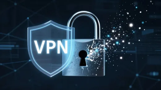 A digital lock being broken, with personal data scattering like glowing particles. In the foreground, a translucent shield icon with "VPN" text provides protection. The background shows a subtle, dark, and complex network interface, hinting at the dark web.