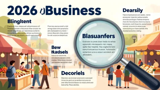 A dynamic infographic showcasing key figures and policy names for 2026 small business support, with a magnifying glass highlighting important details, set against a backdrop of a bustling marketplace.