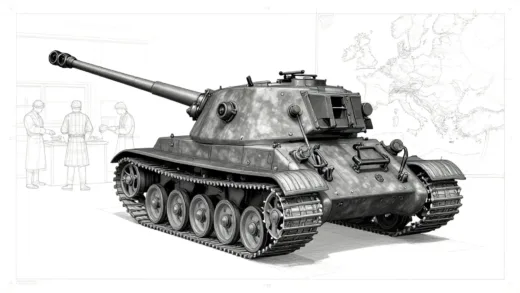 A detailed blueprint or concept art of the early 88mm Flak gun, with a subtle hint of clandestine development in a 1920s workshop, perhaps with engineers in the background, a map of Europe faintly visible.