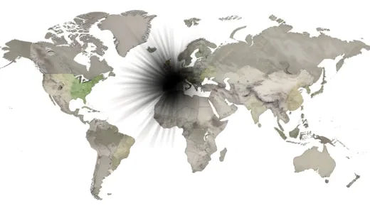 A world map with focus on Eastern Europe, showing a sudden, unexpected shockwave emanating from Ukraine, symbolizing the war's global impact. The colors are muted, reflecting uncertainty.