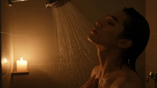 A tranquil bathroom scene with a person showering in soft, warm, dim light, perhaps with candles, creating a peaceful and serene atmosphere.