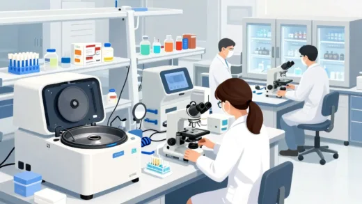 A detailed illustration of a high-tech biotechnology research lab with various advanced equipment: centrifuges, gene sequencers, microscopes, and cold storage units. Scientists in lab coats are actively working, surrounded by numerous plastic tips, reagents, and kits. The scene should convey innovation and precision, with a subtle emphasis on the equipment and consumables rather than just the scientists or drugs. Focus on the tools that enable discovery. Soft, bright lighting.