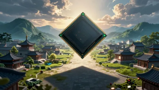 A powerful, futuristic microchip casting a long shadow over a beautiful, traditional Taiwanese landscape with a power outage in the distance.