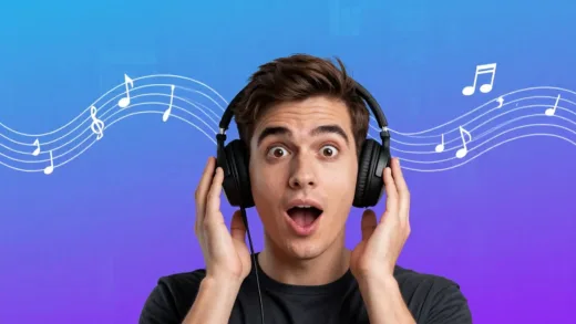 A person looking pleasantly surprised while wearing headphones, with musical notes and abstract data streams flowing around their head, suggesting personalized recommendations. The background is a gradient of blues and purples.
