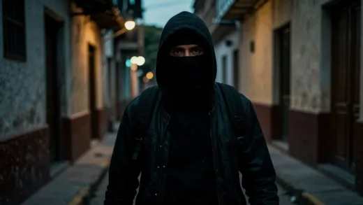 A mysterious figure in disguise, walking through a dimly lit alley in a South American city, suggesting a covert operation for freedom. Focus on a determined expression and a sense of urgency.