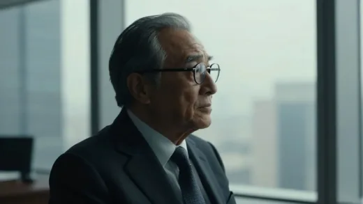 A wealthy, distinguished person (like a CEO or influential figure) wearing elegant glasses, looking thoughtfully at a distant view from a high-rise office. The scene should convey wisdom and contemplation, with a sophisticated and slightly mysterious atmosphere.