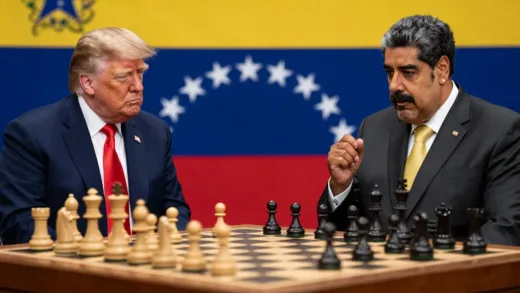 A chessboard with figures representing Trump, Machado, and Maduro, implying a complex political game, with the Venezuelan flag subtly in the background.