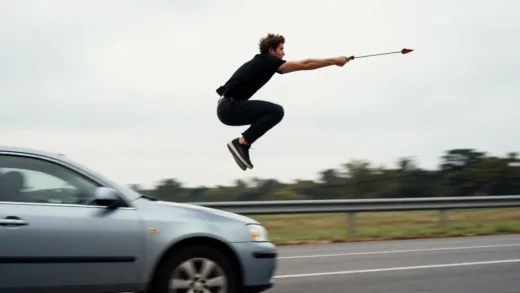A person dramatically leaping over a fast-approaching car, capturing the moment of agility and danger. Or, a person catching an arrow mid-flight with incredible reflexes. Focus on dynamic action and human strength.