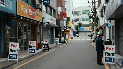 A desolate street with many "For Rent" signs on storefronts, empty shops, and a single, worried small business owner looking at a closing sign. The atmosphere is somber and reflective of economic hardship, in a Korean urban setting.