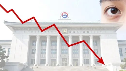 A financial graph showing a recent sharp decline in the won-dollar exchange rate, with a subtle background image of a government building and a national pension fund logo, symbolizing intervention. A curious eye observes the trend.