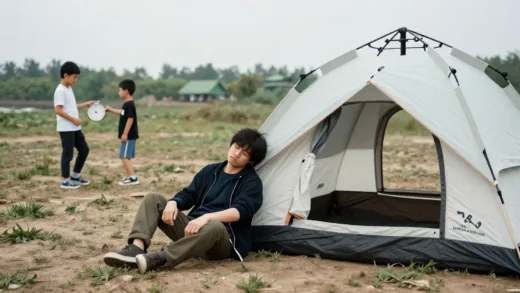 A person looking exhausted next to a half-setup tent at a campsite, with children playing unattended in the background. The overall scene should convey the effort and lack of relaxation, with a faint clock showing only a few hours of free time.