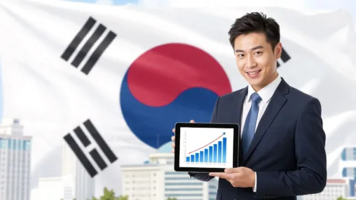 Small business owner looking at a tablet with a graph showing increasing support, smiling. In the background, a subtle image of the Korean flag and government buildings.