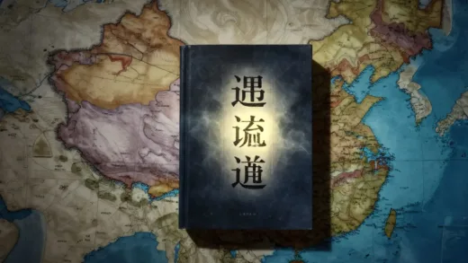 A forbidden book titled in Chinese, partially obscured by shadows, with a faint glow emanating from it, suggesting hidden truths. The background is a stylized map of China with subtle, historical elements.