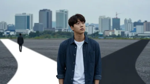 A young Korean person standing at a crossroads, looking thoughtful and slightly anxious, with a city skyline in the background. One path is bright, representing individual well-being, while the other is dim, representing declining marriage and birth rates. The overall mood is reflective, highlighting a societal paradox.