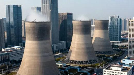 A futuristic city during a heatwave, with visible cooling systems on buildings, symbolizing essential climate infrastructure. Focus on a blend of technology and urban life.