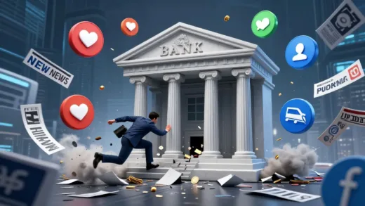 A dramatic visual representing a bank collapsing, with social media icons and news headlines surrounding it, conveying speed and chaos. The scene should be modern and slightly futuristic to emphasize the role of digital communication.
