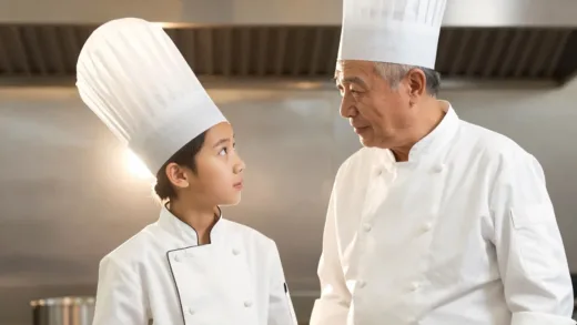 A young chef in a pristine kitchen, looking up with admiration at an older, experienced mentor chef, both wearing traditional chef hats and white uniforms, a warm glow around them, symbolizing guidance and inspiration, realistic, high detail.