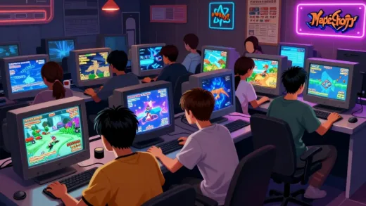A vibrant illustration of a bustling Korean PC Bang in the early 2000s, with young adults enthusiastically playing classic online games like Lineage, KartRider, and MapleStory on CRT monitors. Neon lights and computer screens glow, creating an energetic atmosphere.