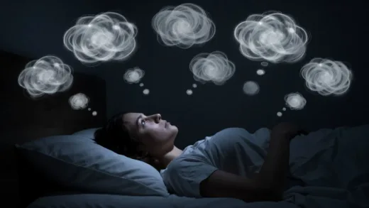 A person lying in bed, eyes open, looking at the ceiling, surrounded by floating, swirling thought bubbles in a dark room. The mood is slightly anxious but hopeful.