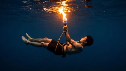 An underwater escape artist, bound by ropes, attempting to free themselves from restraints with a burning flame visible just above the water's surface, dramatic lighting, intense atmosphere, realistic style.