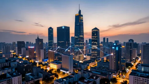 A vibrant, futuristic city skyline at dawn, with small businesses glowing with hope. Digital lines connecting them to financial support. The feeling is optimistic and forward-looking.