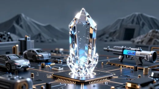 A futuristic image of a sparkling, diamond-like tungsten crystal glowing with an inner light, set against a backdrop of microchips, electric car components, and sleek weapon designs, symbolizing its role in advanced industries. In the background, a subtle outline of a mountain range with a mine entrance.