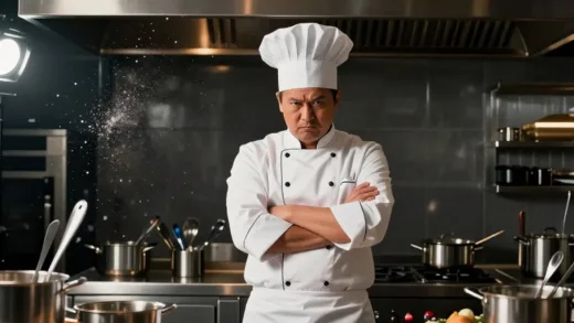 A chef character with a confident, slightly arrogant expression in a modern kitchen, surrounded by sparkling cooking utensils, with a hint of a spotlight, dynamic action, high contrast, cinematic lighting.
