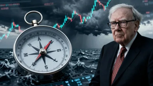 A compass pointing towards a storm on a turbulent sea, with an overlay of stock market charts and a silhouette of Warren Buffett looking concerned.