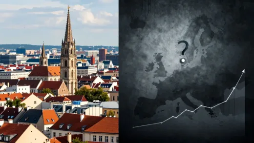 A split image showing a majestic European city skyline on one side and a shadowy, stagnant economic graph on the other, with a question mark over Europe's map.