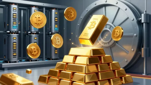 A dynamic illustration of digital Bitcoin symbols transforming into physical gold bars being stacked in a secure vault, with mining rigs in the background. Focus on the contrast between digital and physical, highlighting the physical accumulation of digital assets.