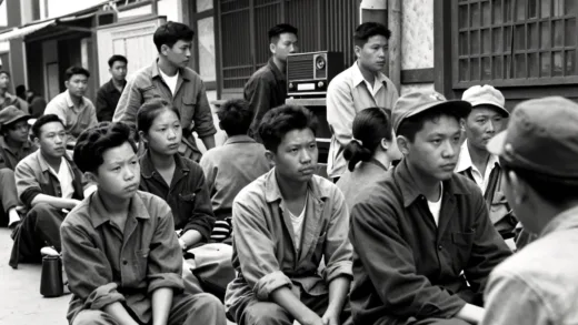 A black and white photograph of a bustling Korean street during the 1950s, with people looking somber yet resilient, a vintage radio playing in the background. The scene should evoke a sense of wartime hardship and communal solace through music. Focus on historical accuracy and emotional depth.