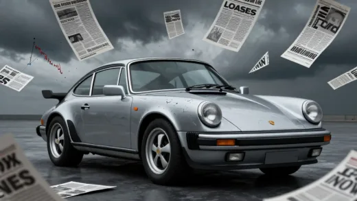 A sleek, classic Porsche 911 looking distressed and cracked, surrounded by falling stock market graphs and news headlines about financial losses, set against a backdrop of a gloomy, stormy sky.