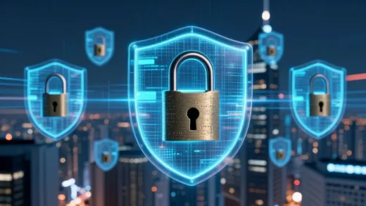 A futuristic cityscape with digital locks and shields protecting data streams, conveying urgency and advanced security.