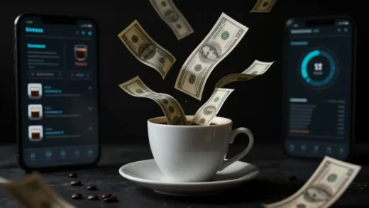 A mysterious coffee cup with money floating around it, representing hidden funds. The background is a digital interface of a coffee app. Dark and intriguing atmosphere.