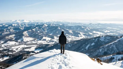 A person standing on a snowy mountain peak overlooking a vast winter landscape, with a sense of peace and wonder, suitable for a blog post introduction.