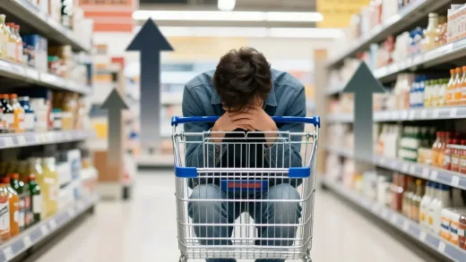 A person looking sadly at a half-empty shopping cart in a supermarket, with blurry upward arrows and financial charts in the background, symbolizing inflation and diminished purchasing power.