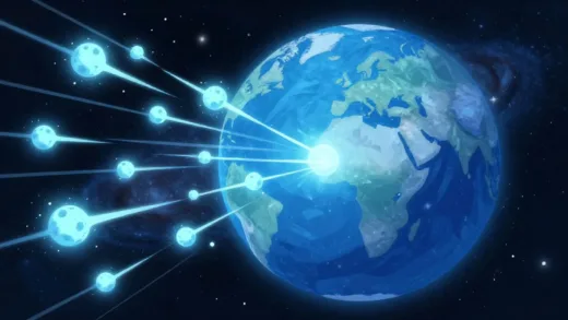 A stylized illustration of antimatter particles (light streaks) piercing through a blue Earth, with a subtle background of a galaxy. Emphasize the mysterious and ethereal nature of antimatter.