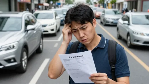 A puzzled car owner looking at a car insurance bill, with a background of many cars on a busy Korean road. The scene is slightly chaotic, hinting at the financial struggles of insurance companies. Mood: perplexing, slightly worried.
