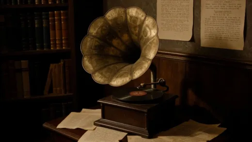A vintage phonograph playing a melancholic tune in a dimly lit room, historical documents scattered around, symbolizing hidden messages in art during difficult times. Focus on a sense of mystery and history.