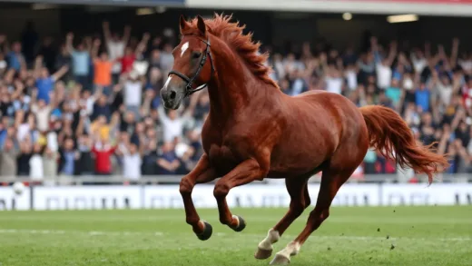 A dynamic red horse charging forward on a football pitch, with a blurred background of a stadium filled with cheering fans, representing the energy and new beginning of a football team.