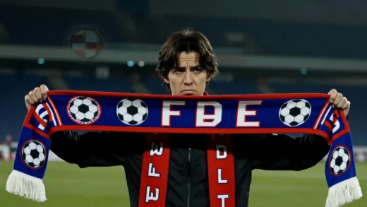 A thoughtful person holding two different football team scarves, looking conflicted but also determined, with a stadium in the blurred background, cinematic lighting.