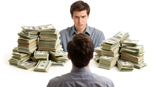 A person looking at two money piles, one much larger than the other, representing savings vs. investments, with a confused but hopeful expression.