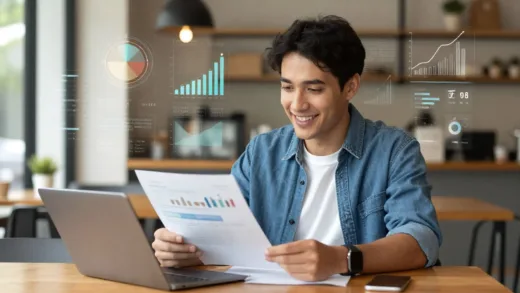 A vibrant image of a small business owner looking optimistic while reviewing financial documents on a tablet, with subtle digital overlays representing data and growth, in a modern office or cafe setting.