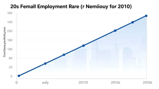 A visual representation of a graph showing two lines, one for 20s female employment rate steeply rising and one for 20s male employment rate slightly declining or stagnating, with a clear crossover point in the early 2010s. The background should subtly hint at a modern city or job market.